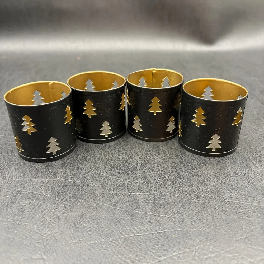 Set of 4 Christmas Tree Cutout Metal Napkin Rings Black and Gold Holiday Decor